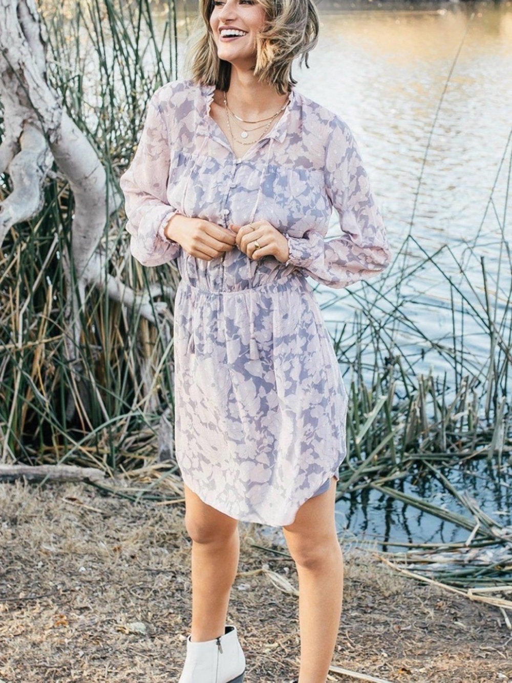 lovestitch Lavender Floral Sunday Brunch Ruffled Mini Dress M Gray Pink Chiffon